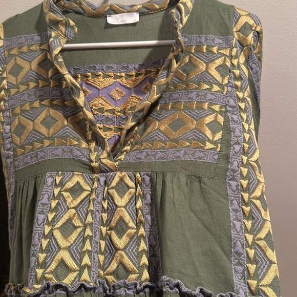 Anthropologie Lace the Label Green and Gold Mini Dress with Bell Sleeves XS - Picture 4 of 6